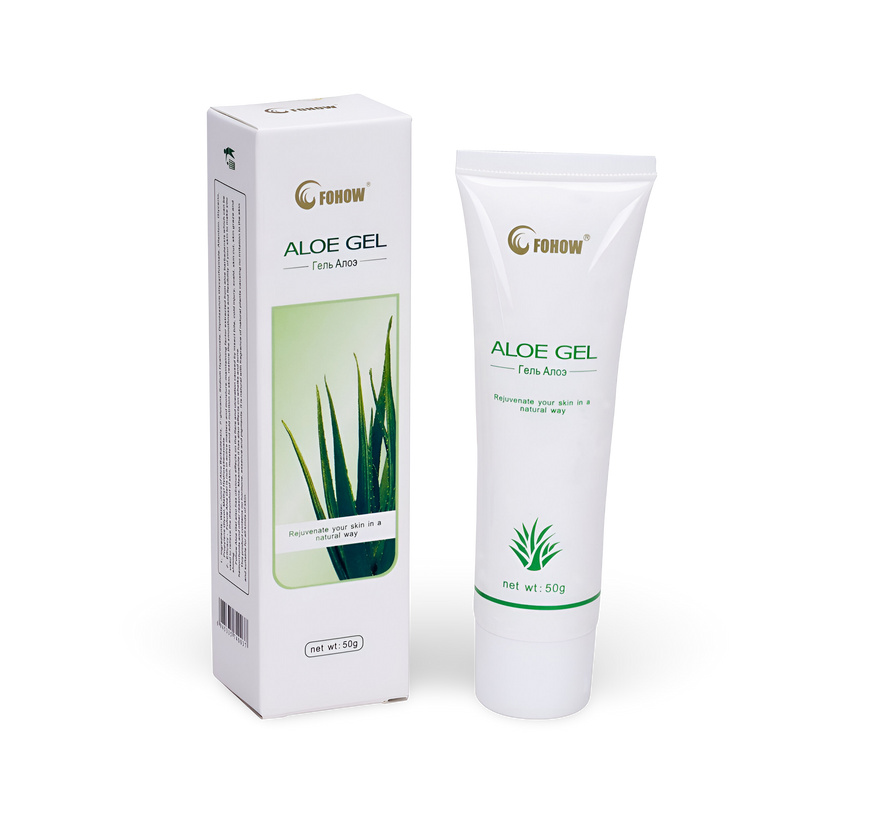 Aloe Gel tube and box packaging featuring natural aloe vera plant imagery. High purity, no additives.