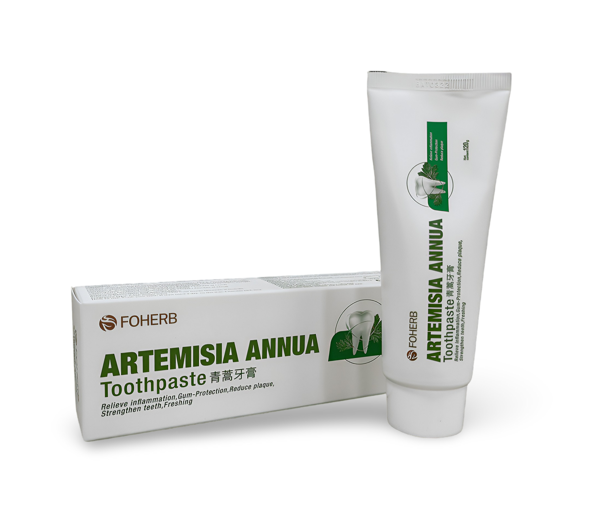 Artemisia Annua toothpaste tube and box, promoting oral health with traditional Chinese medicine ingredients.