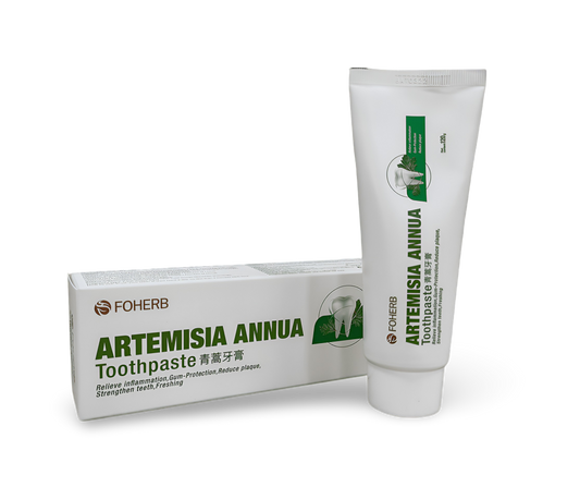 Artemisia Annua toothpaste tube and box, promoting oral health with traditional Chinese medicine ingredients.