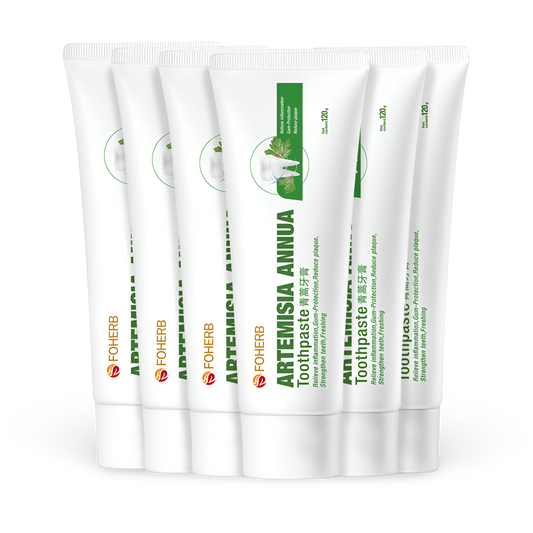 Multiple tubes of Artemisia Annua Toothpaste showcasing traditional Chinese medicine for oral health.