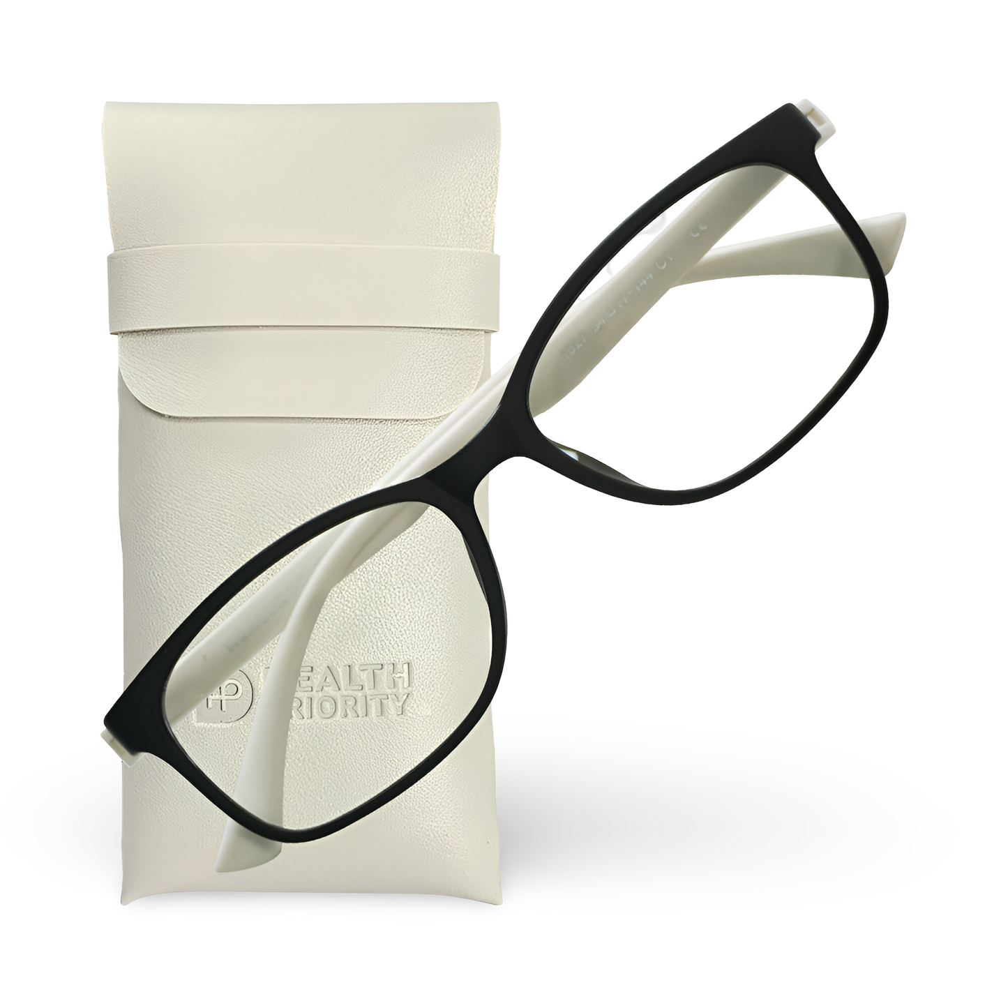 Stylish blue light blocking glasses in a white protective case, designed for comfort and eye protection.