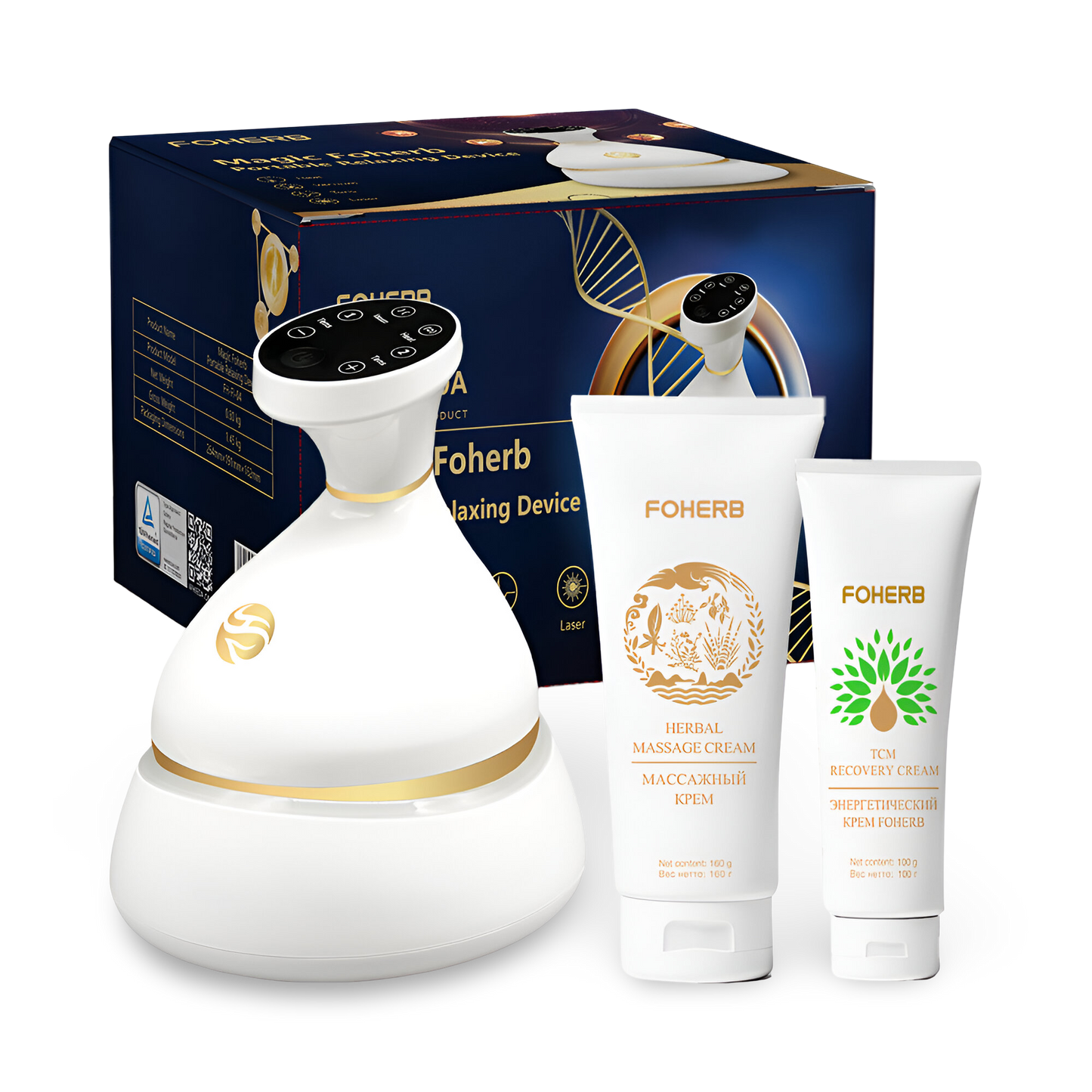 Bioenergetic Meridian Massager with herbal creams for therapeutic acupuncture and relaxation, blending modern and traditional healing.