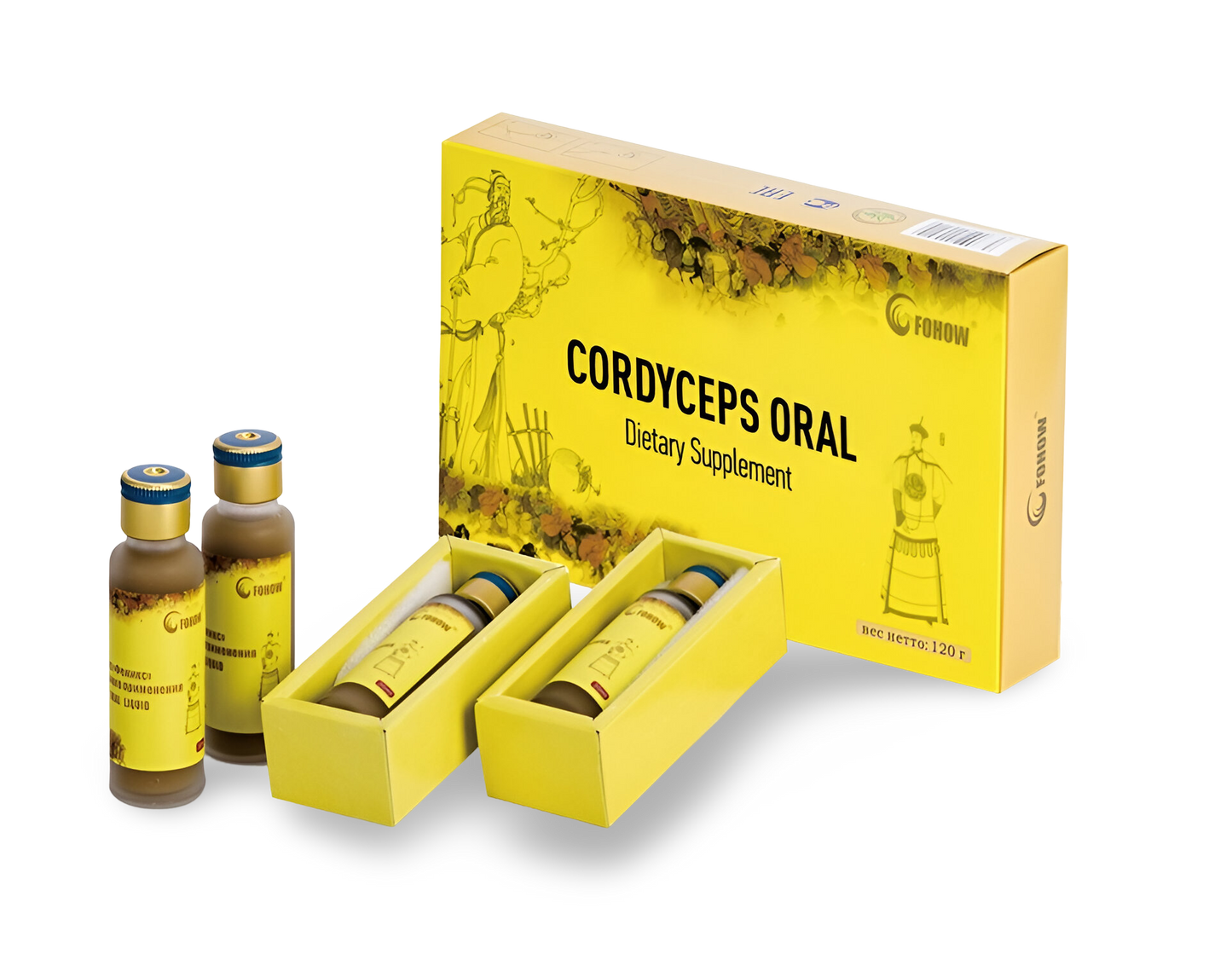 FOHOW Cordyceps Oral Liquid dietary supplement packaging with two bottles and box.