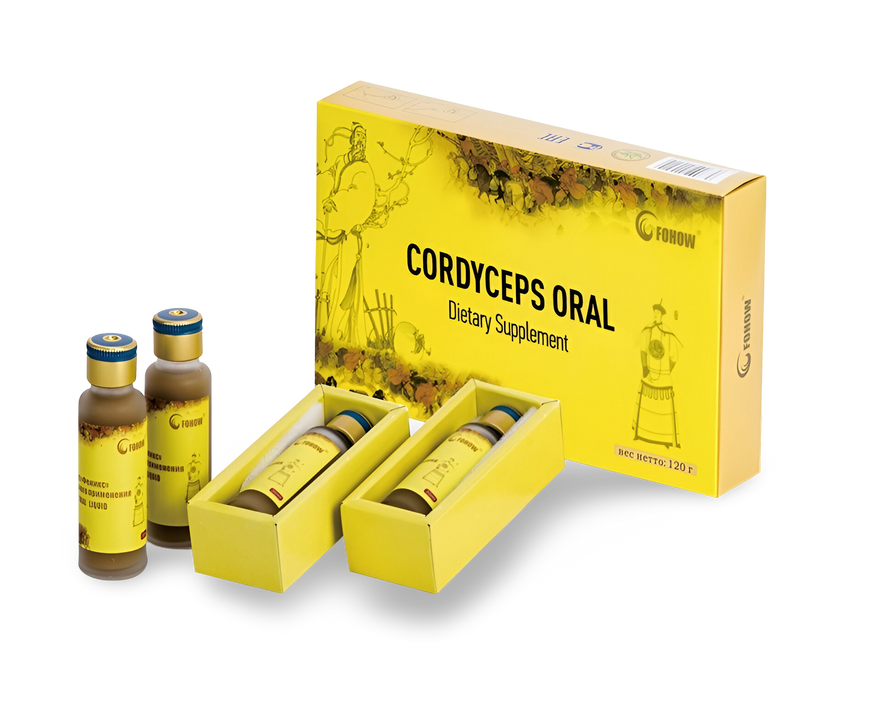 FOHOW Cordyceps Oral Liquid dietary supplement packaging with two bottles and box.